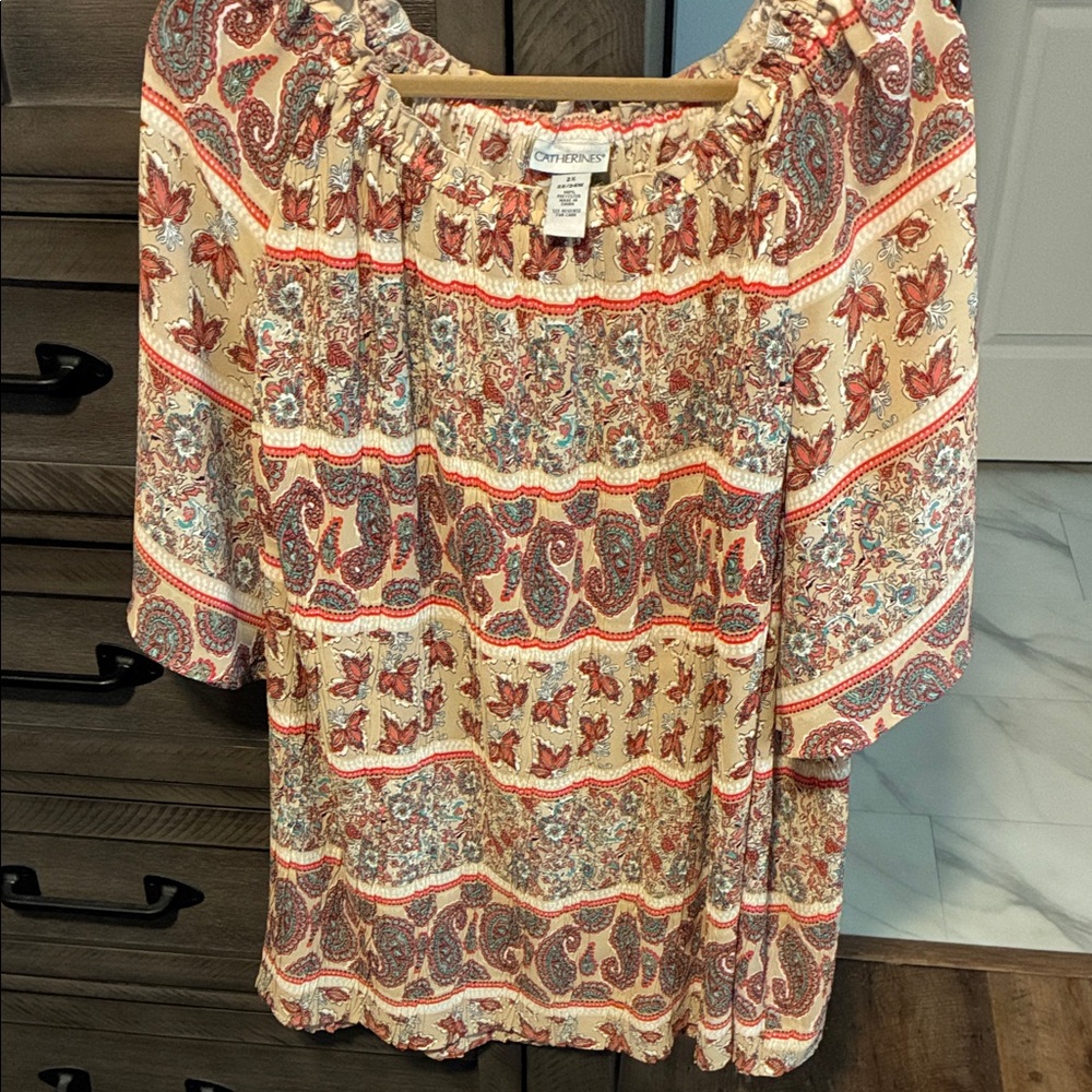 Catherines Cream Paisley Peasant Blouse with Rust and Teal Accents